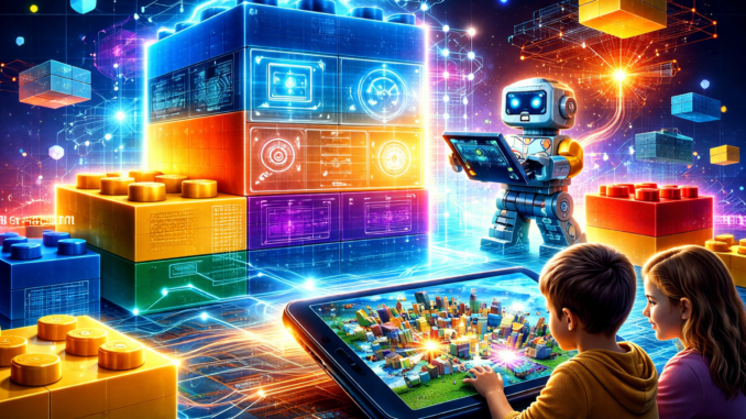 Bloques LEGO digitales con interfaces tecnológicas representando la transformación digital de la marca LEGO