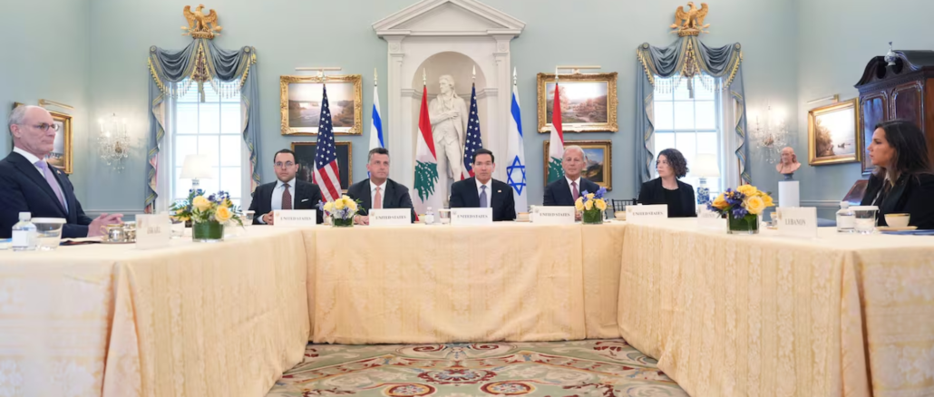 Marco Rubio en reunión diplomática sobre Medio Oriente con representantes de Israel y Líbano en Washington