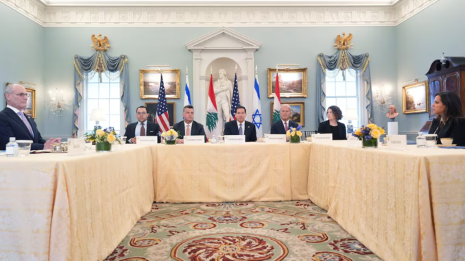 Marco Rubio en reunión diplomática sobre Medio Oriente con representantes de Israel y Líbano en Washington