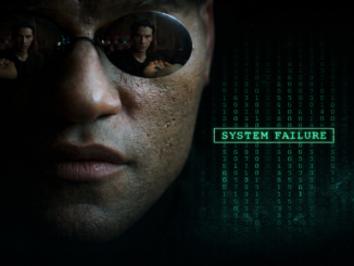 Matrix 27 años después, primer plano con gafas reflejando la elección entre dos realidades y código digital verde