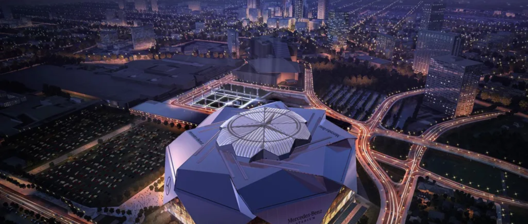 pantalla LED 360 mundial 2026 estadio Mercedes-Benz Atlanta vista aérea nocturna
