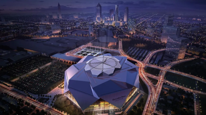 pantalla LED 360 mundial 2026 estadio Mercedes-Benz Atlanta vista aérea nocturna