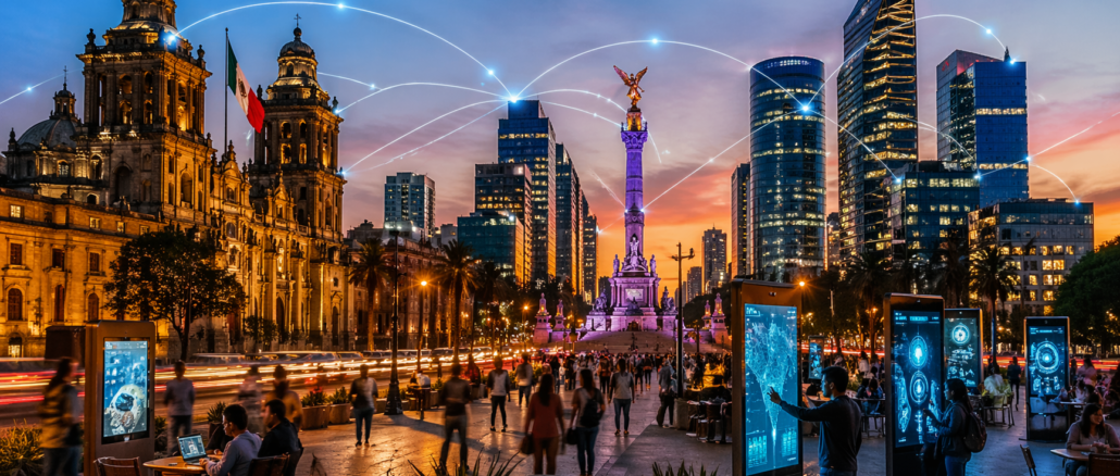México tecnológico con ciudad moderna, innovación digital y transformación urbana