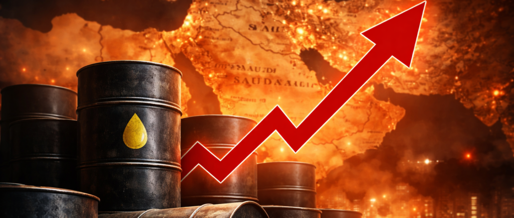 Barriles de petróleo con mapa de Medio Oriente al fondo representando el aumento del precio del petróleo