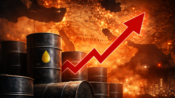 Barriles de petróleo con mapa de Medio Oriente al fondo representando el aumento del precio del petróleo