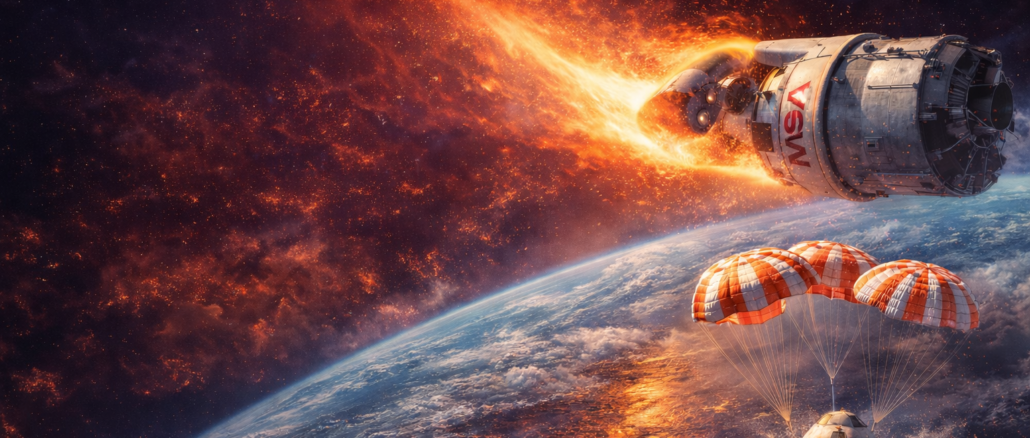 reingreso Artemis II Orion entrando a la Tierra con paracaídas y amerizaje en el océano