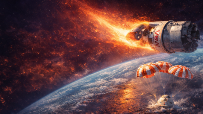 reingreso Artemis II Orion entrando a la Tierra con paracaídas y amerizaje en el océano