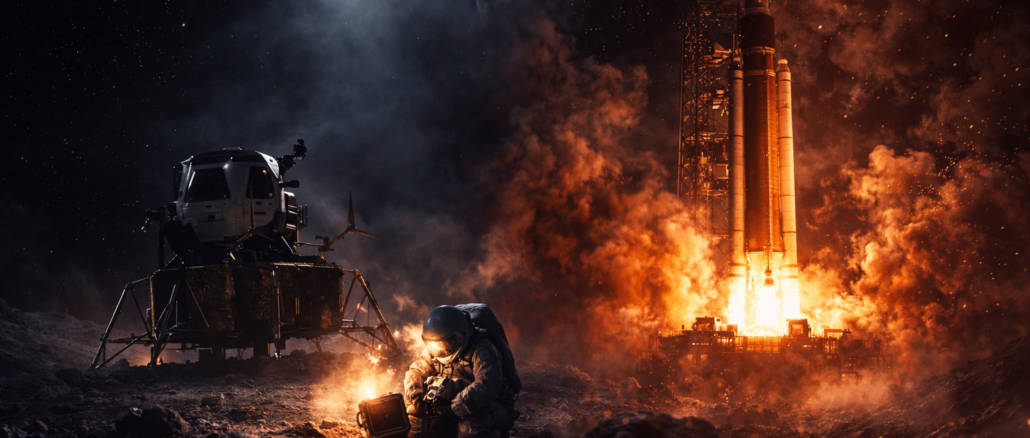 Riesgos de Artemis en misión lunar con astronauta y lanzamiento de cohete en segundo plano