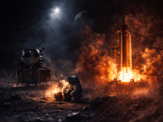 Riesgos de Artemis en misión lunar con astronauta y lanzamiento de cohete en segundo plano