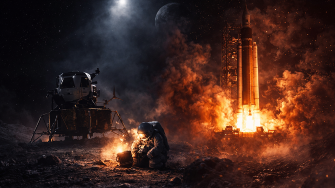 Riesgos de Artemis en misión lunar con astronauta y lanzamiento de cohete en segundo plano