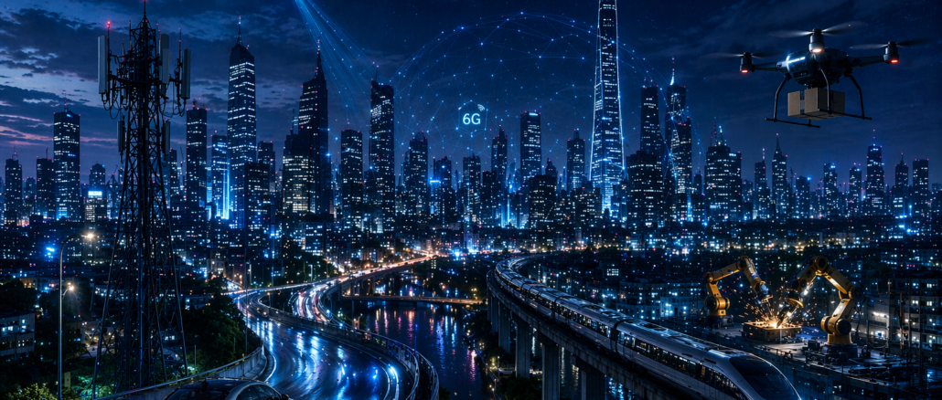 Tecnología 6G en una ciudad inteligente con redes avanzadas, drones, satélites y conectividad digital del futuro