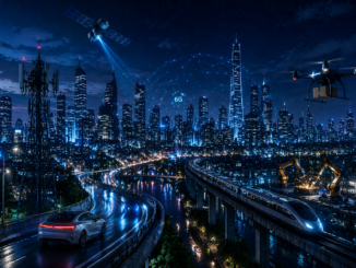 Tecnología 6G en una ciudad inteligente con redes avanzadas, drones, satélites y conectividad digital del futuro