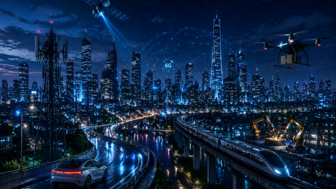 Tecnología 6G en una ciudad inteligente con redes avanzadas, drones, satélites y conectividad digital del futuro
