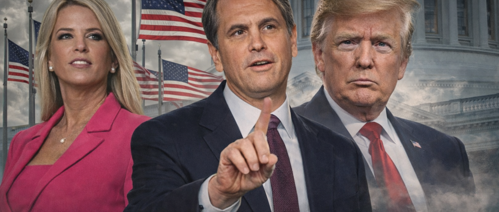 Todd Blanche fiscal general junto a Donald Trump y Pam Bondi en el Departamento de Justicia de Estados Unidos