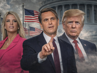 Todd Blanche fiscal general junto a Donald Trump y Pam Bondi en el Departamento de Justicia de Estados Unidos