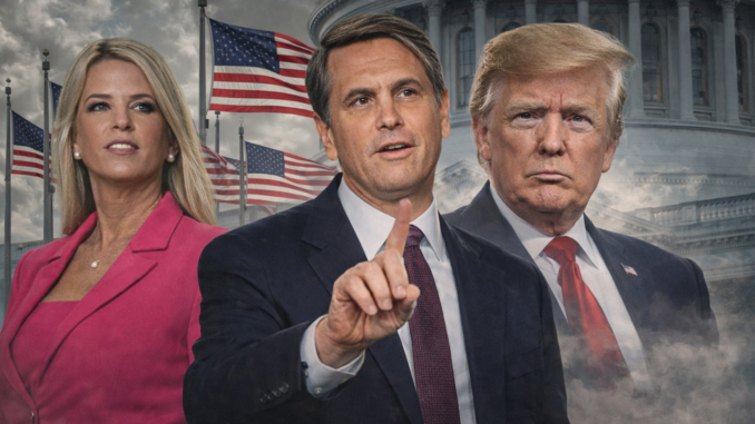 Todd Blanche fiscal general junto a Donald Trump y Pam Bondi en el Departamento de Justicia de Estados Unidos