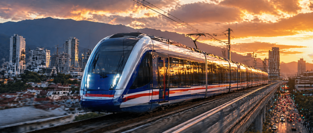 tren eléctrico en Costa Rica circulando por la Gran Área Metropolitana al atardecer