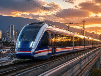 tren eléctrico en Costa Rica circulando por la Gran Área Metropolitana al atardecer