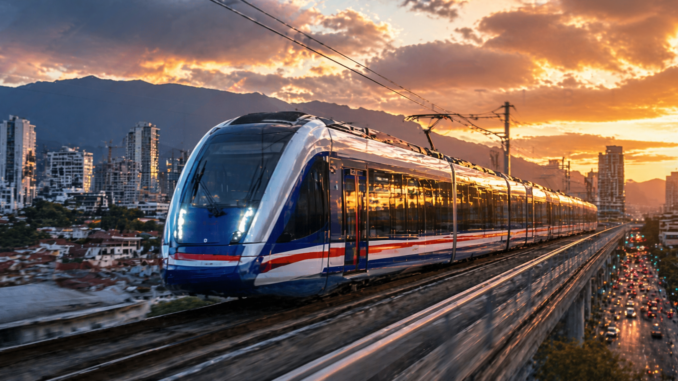 tren eléctrico en Costa Rica circulando por la Gran Área Metropolitana al atardecer