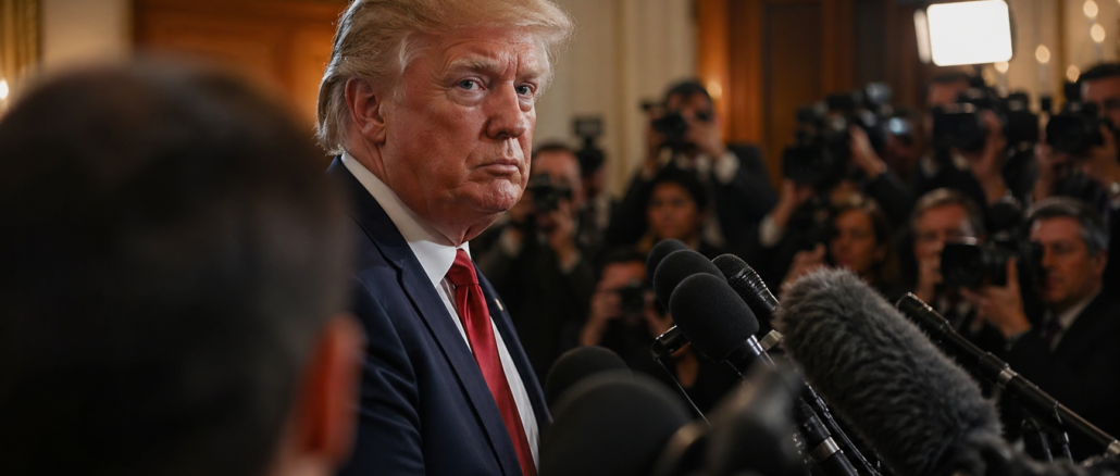 Donald Trump en conferencia de prensa rodeado de cámaras y micrófonos en medio de tensión con medios