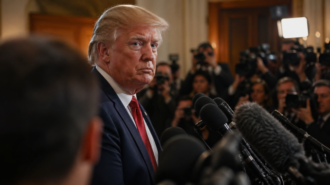 Donald Trump en conferencia de prensa rodeado de cámaras y micrófonos en medio de tensión con medios