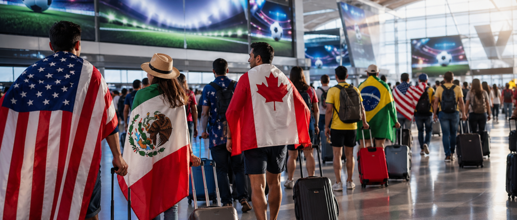 aficionados viajando al mundial 2026 en aeropuerto internacional con banderas