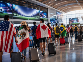 aficionados viajando al mundial 2026 en aeropuerto internacional con banderas