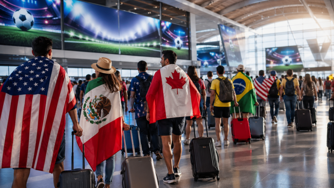 aficionados viajando al mundial 2026 en aeropuerto internacional con banderas