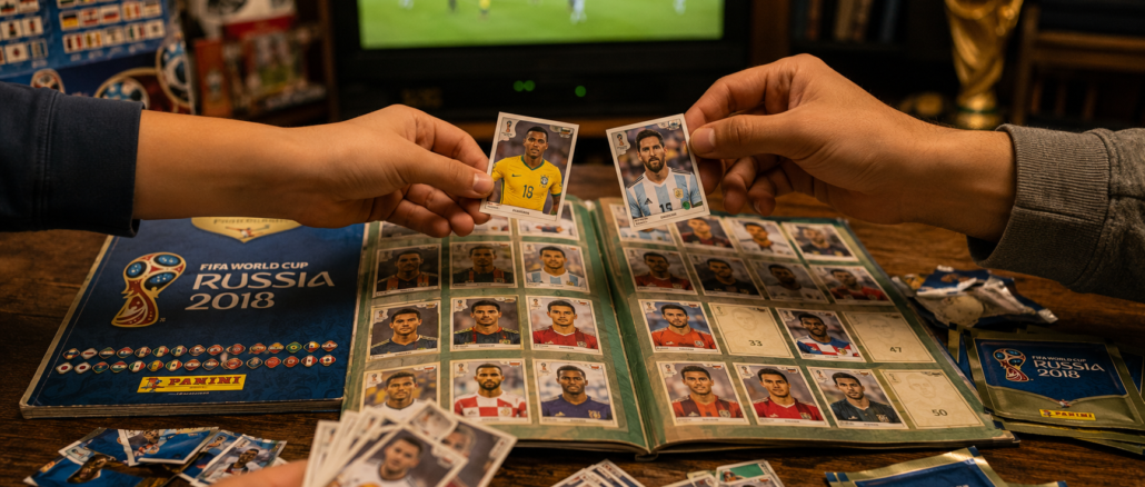 Álbum Panini Mundial abierto con estampas de selecciones y personas intercambiando cromos durante la Copa del Mundo
