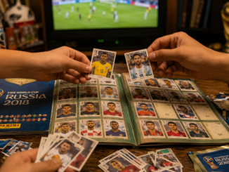 Álbum Panini Mundial abierto con estampas de selecciones y personas intercambiando cromos durante la Copa del Mundo