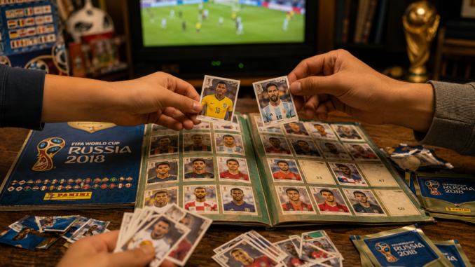 Álbum Panini Mundial abierto con estampas de selecciones y personas intercambiando cromos durante la Copa del Mundo