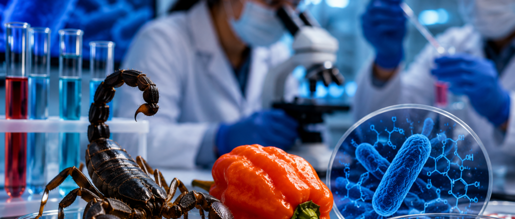 Laboratorio científico con veneno de alacrán y chile habanero usados para crear antibióticos contra bacterias resistentes