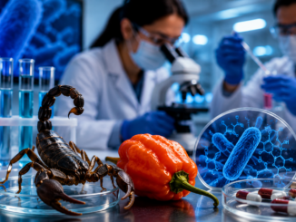 Laboratorio científico con veneno de alacrán y chile habanero usados para crear antibióticos contra bacterias resistentes