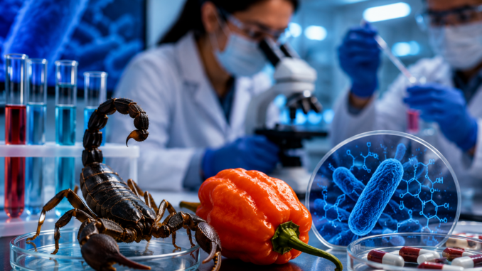 Laboratorio científico con veneno de alacrán y chile habanero usados para crear antibióticos contra bacterias resistentes