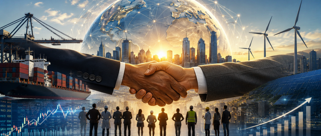 El capitalismo y cooperación humana impulsan comercio global, innovación tecnológica y crecimiento económico internacional. Imagen IA con fines ilustrativos.