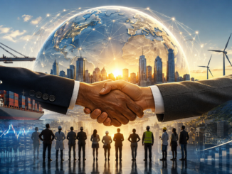 El capitalismo y cooperación humana impulsan comercio global, innovación tecnológica y crecimiento económico internacional. Imagen IA con fines ilustrativos.