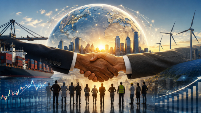 El capitalismo y cooperación humana impulsan comercio global, innovación tecnológica y crecimiento económico internacional. Imagen IA con fines ilustrativos.