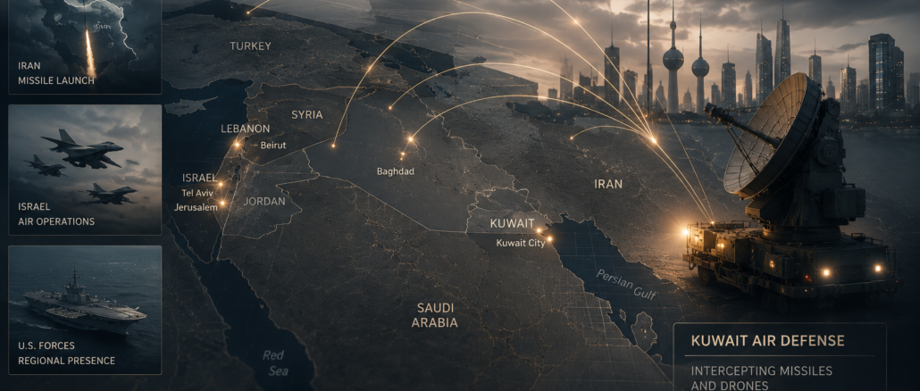 Mapa geopolítico del conflicto Medio Oriente con Kuwait activando sistemas de defensa aérea ante ataques regionales. Imagen IA con fines ilustrativos.