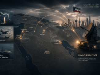 Mapa geopolítico del conflicto Medio Oriente con Kuwait activando sistemas de defensa aérea ante ataques regionales. Imagen IA con fines ilustrativos.