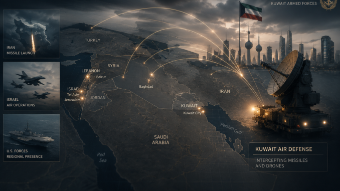 Mapa geopolítico del conflicto Medio Oriente con Kuwait activando sistemas de defensa aérea ante ataques regionales. Imagen IA con fines ilustrativos.