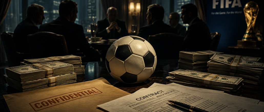 Dinero, documentos y balón de fútbol representan corrupción y sobornos relacionados con la FIFA y los Mundiales