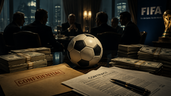 Dinero, documentos y balón de fútbol representan corrupción y sobornos relacionados con la FIFA y los Mundiales
