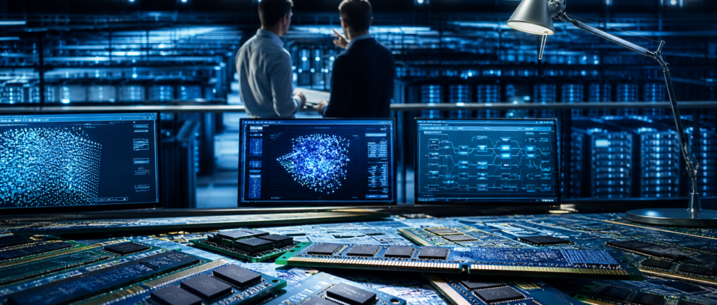 crisis memoria RAM IA en centros de datos con servidores y chips de memoria