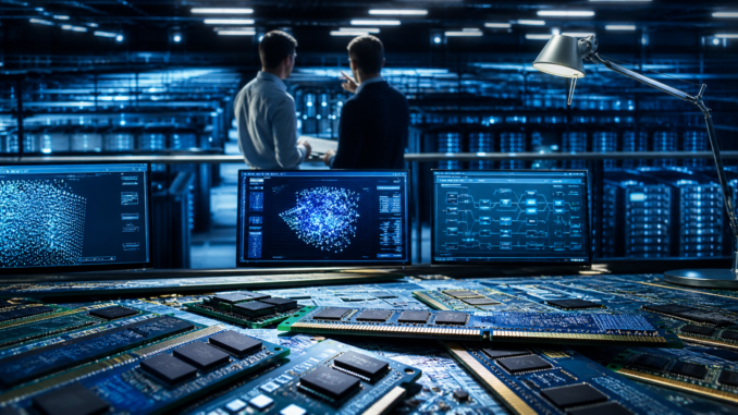crisis memoria RAM IA en centros de datos con servidores y chips de memoria