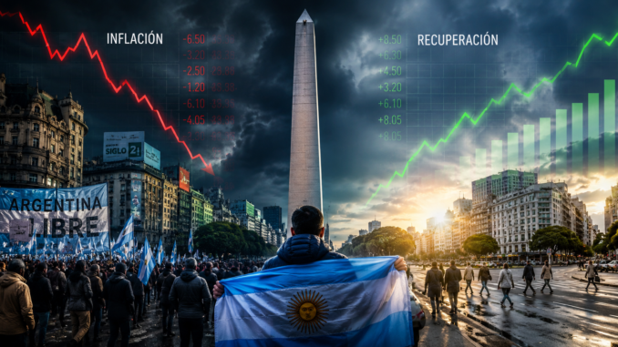 Obelisco de Buenos Aires durante una crisis económica y señales de recuperación macroeconómica en Argentina según Impacto Noticias CR