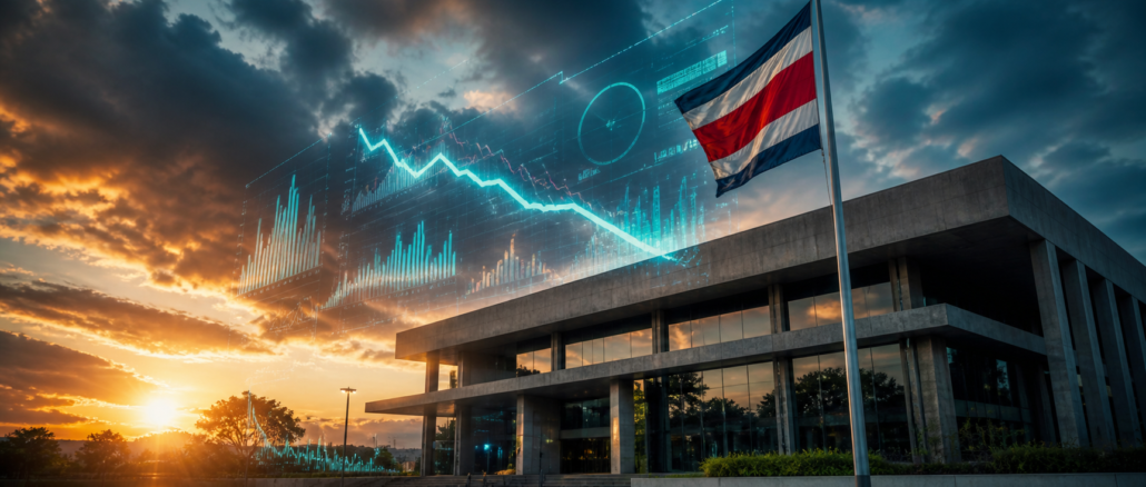 deuda de Costa Rica 2026 con edificio gubernamental y gráficos financieros que reflejan equilibrio fiscal