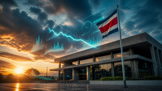 deuda de Costa Rica 2026 con edificio gubernamental y gráficos financieros que reflejan equilibrio fiscal