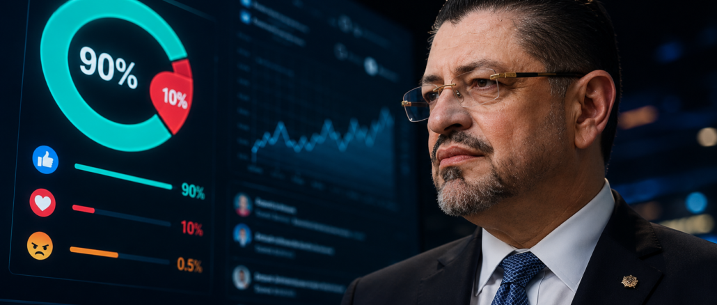 Rodrigo Chaves observa gráficos digitales de apoyo ciudadano en encuesta viral de Facebook
