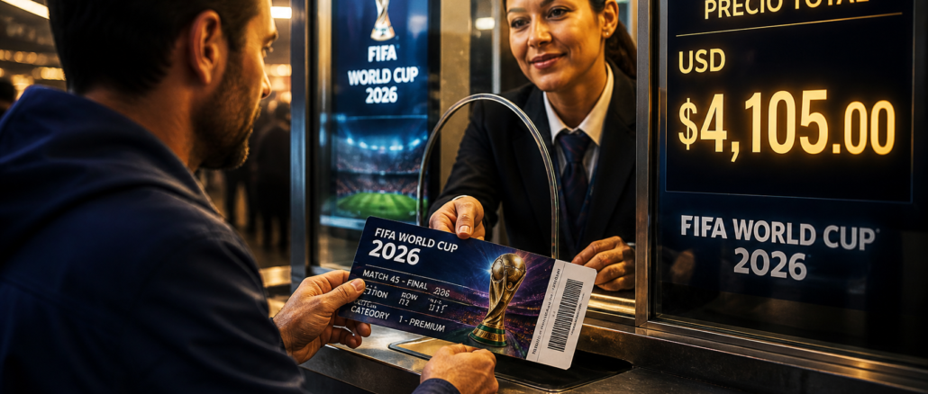 Persona comprando entradas del Mundial 2026 caras en boletería con precio de 4000 dólares en pantalla