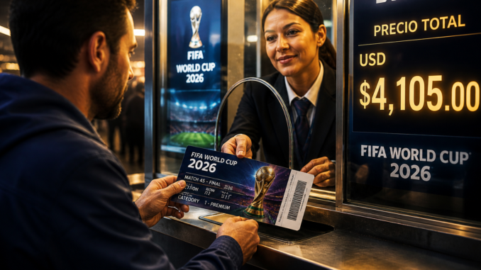 Persona comprando entradas del Mundial 2026 caras en boletería con precio de 4000 dólares en pantalla